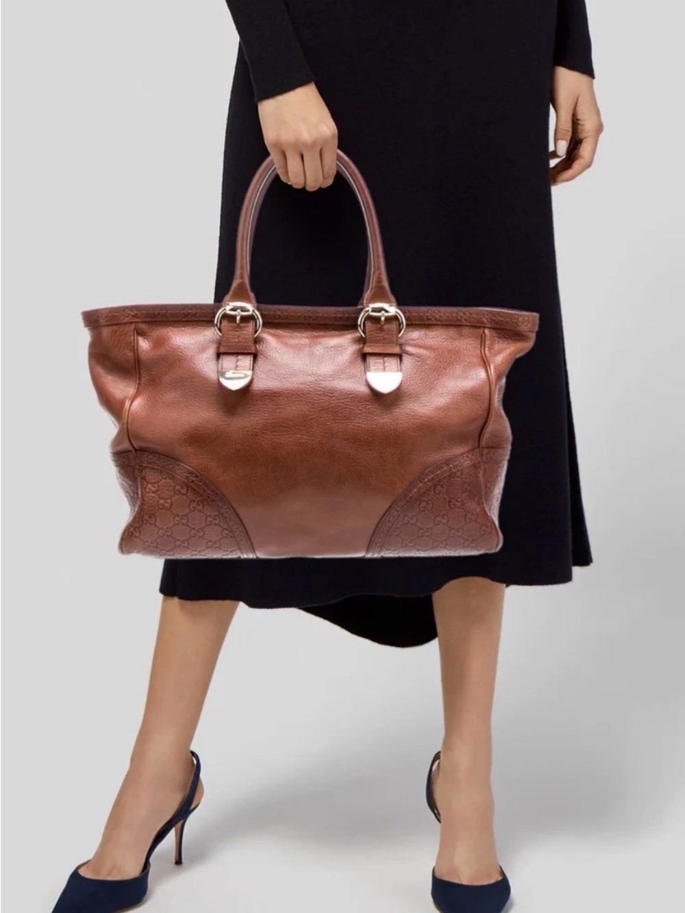 Gucci Leather Cognac Brown GG Signature Signoria Large Tote